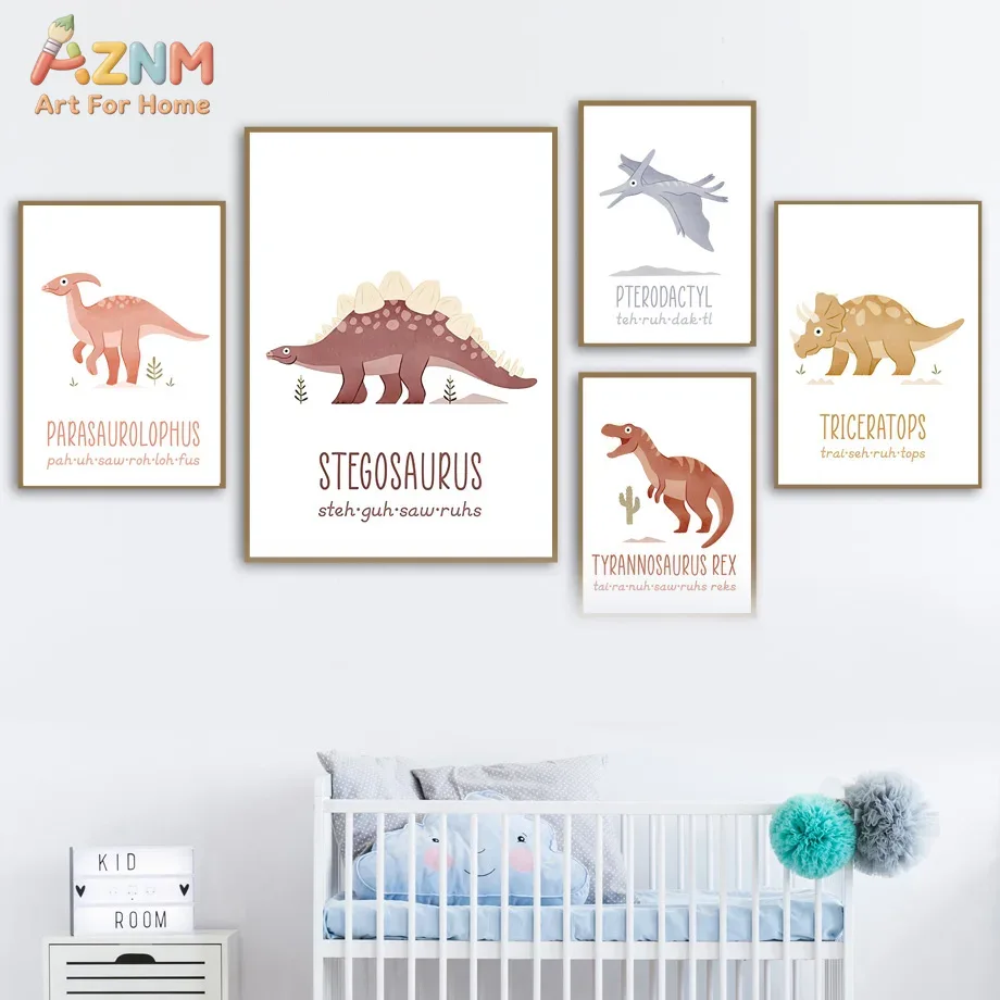 Kids Education Name - AZNM ภาพพิมพ์ศิลปะบนผืนผ้าใบลายไดโนเสาร์น่ารัก, โปสเตอร์การออกเสียงชื่อไดโนเสาร์เพื่อการศึกษาสำหรับเด็กสำหรับตกแต่งสถานรับเลี้ยงเด็ก